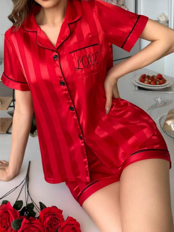 Luxenights Pocket Embroidered Jacquard Satin Button Up Collar Shirt And Shorts Set